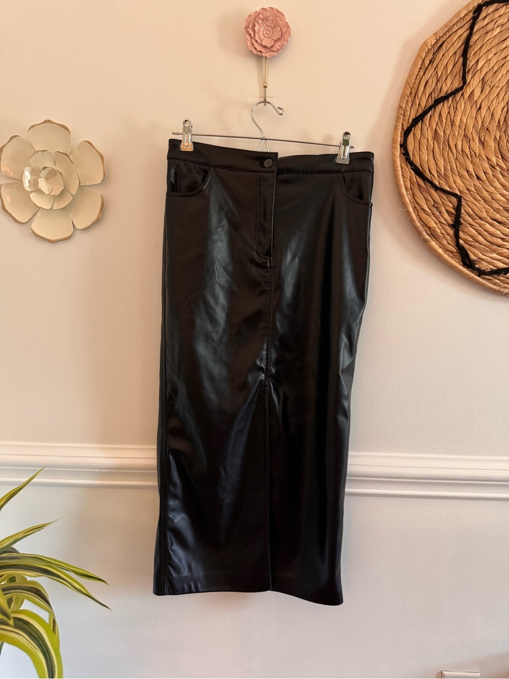 Bailey 44 Black Faux Leather Midi Pencil Skirt with Front Slit